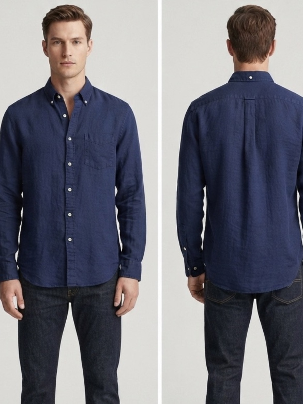 Banana Republic Men’s Linen Dress Shirt Navy Blue Button-Up Size Medium